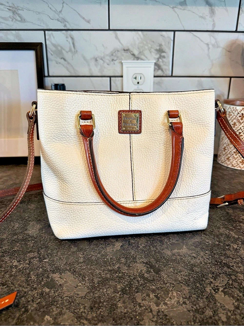 Dooney & Bourke Pebble Grain Small Shopper Tote in White & Brown